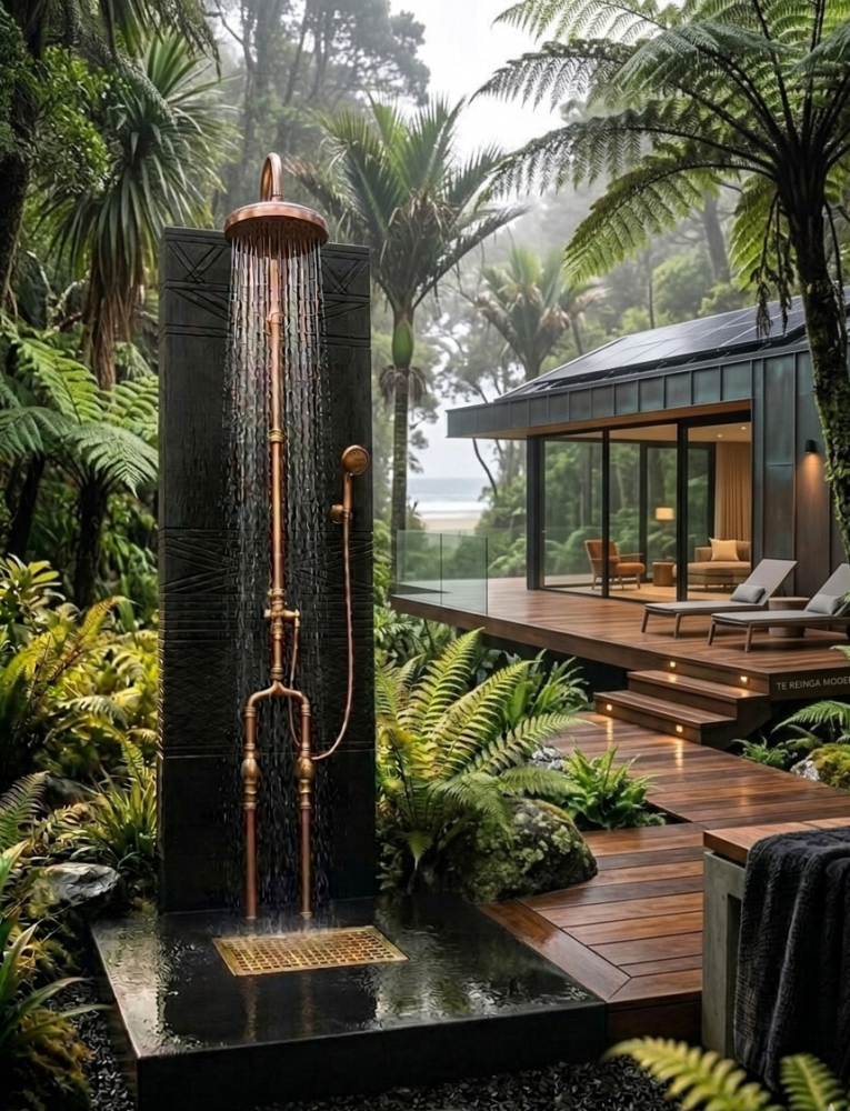 Modernist luxury 3 sleeper redwood shower brass and copper fittings